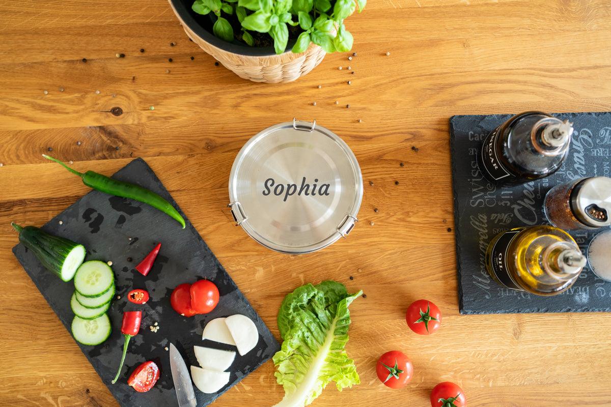 Brotdose Edelstahl 1200ml (rund) (Gravur) - ecoGecko® 