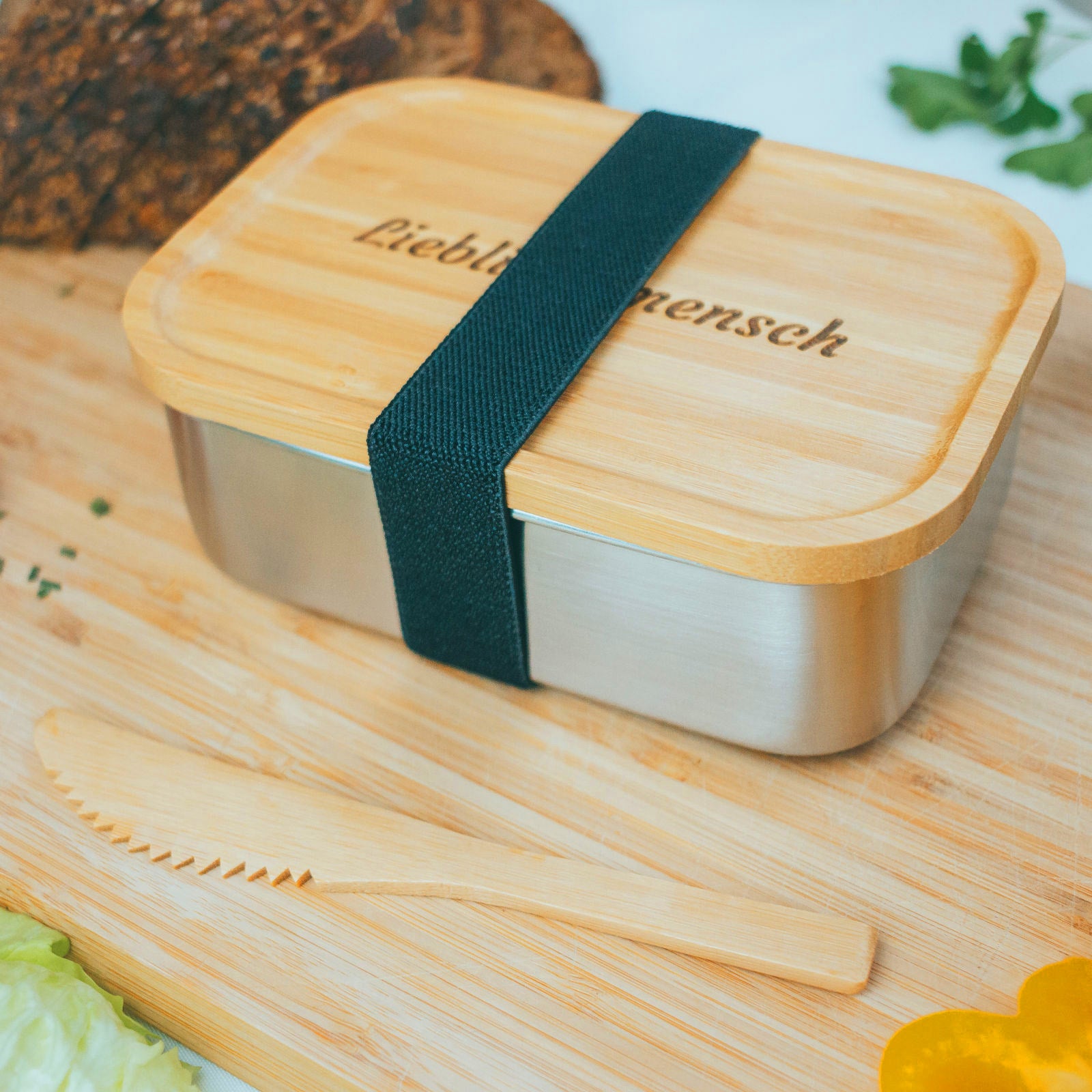 Brotdose Edelstahl 800ml mit Bambusdeckel  (Gravur)