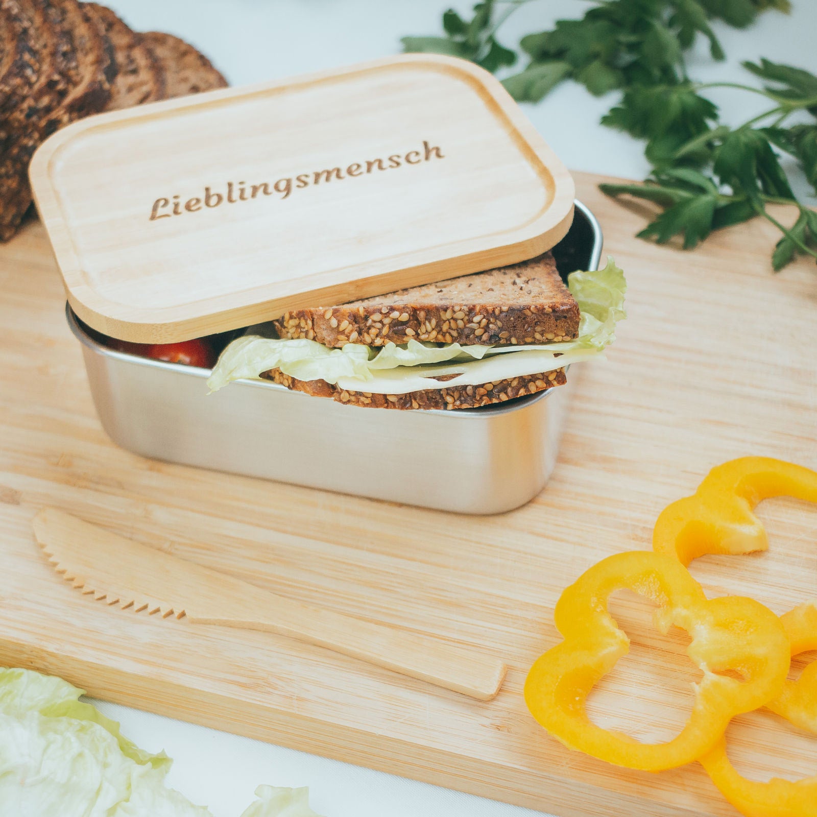 Brotdose Edelstahl 800ml mit Bambusdeckel  (Gravur)