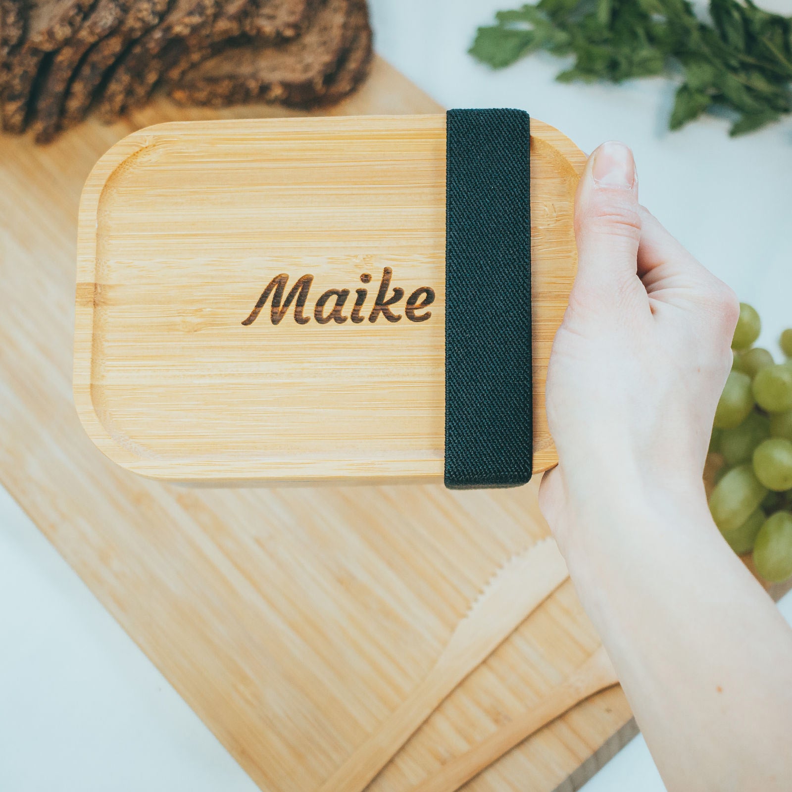 Brotdose Edelstahl 800ml mit Bambusdeckel  (Gravur)